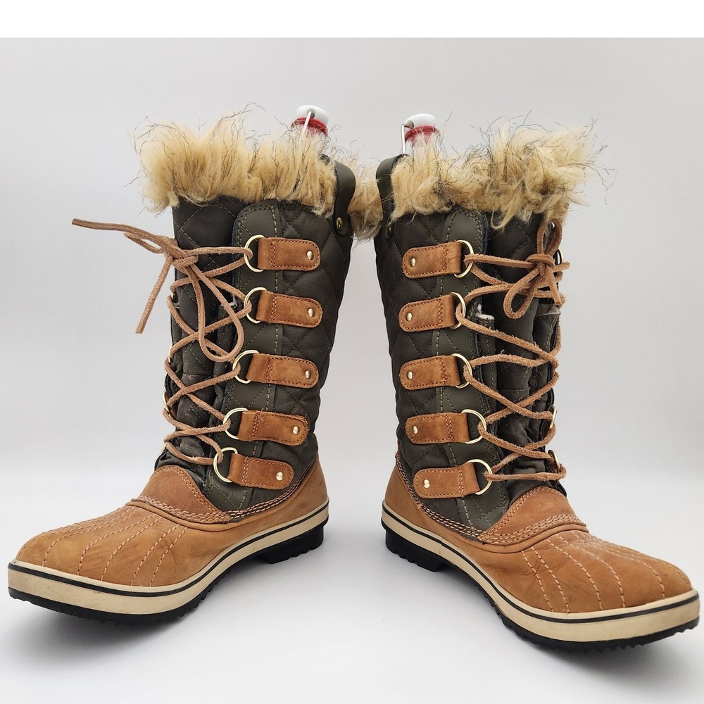Sorel Tofino Snow Boots Womens 8 Olive Green Tan Waterproof Quilted Faux Fur
